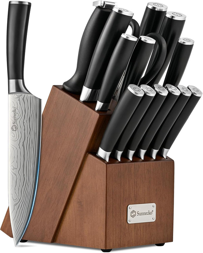 Sunnecko 15-Piece Kitchen Knife Set with Block and Sharpener, White Handle
