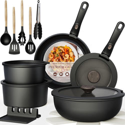 Astercook 21 Pcs Pots and Pans Set Non Stick, Ceramic Cookware Set Detachable Handle, RV Kitchen Cooking Set Removable Handles, Oven Safe, Induction Ready, Stackable, Black, Fathers Day Gift for Men