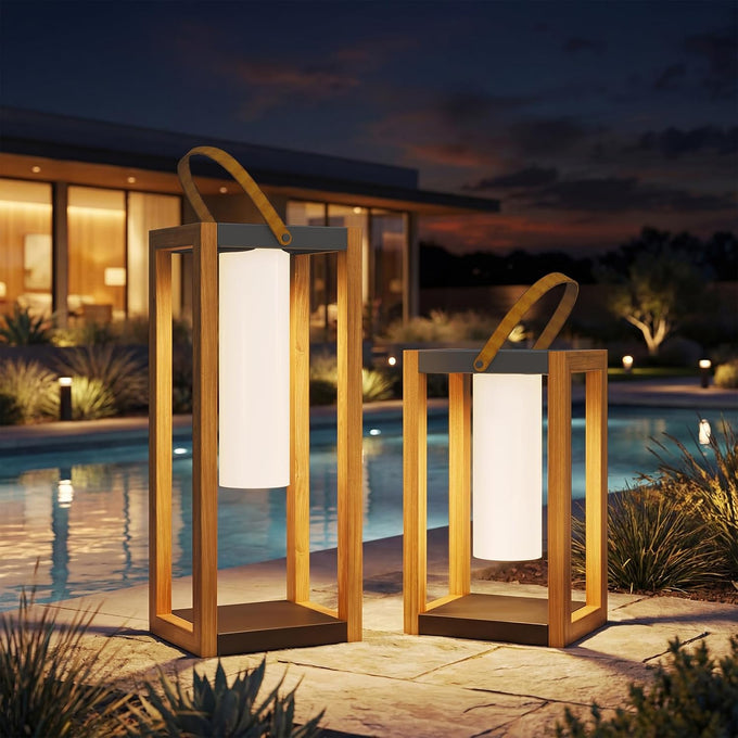 Solar Yard Outdoor Solar Lanterns, Solar Lamp Decorative Outdoor Water-Resistant Steel Table Decor with Handle for Patio, Yard, Porch, Small Woodgrain