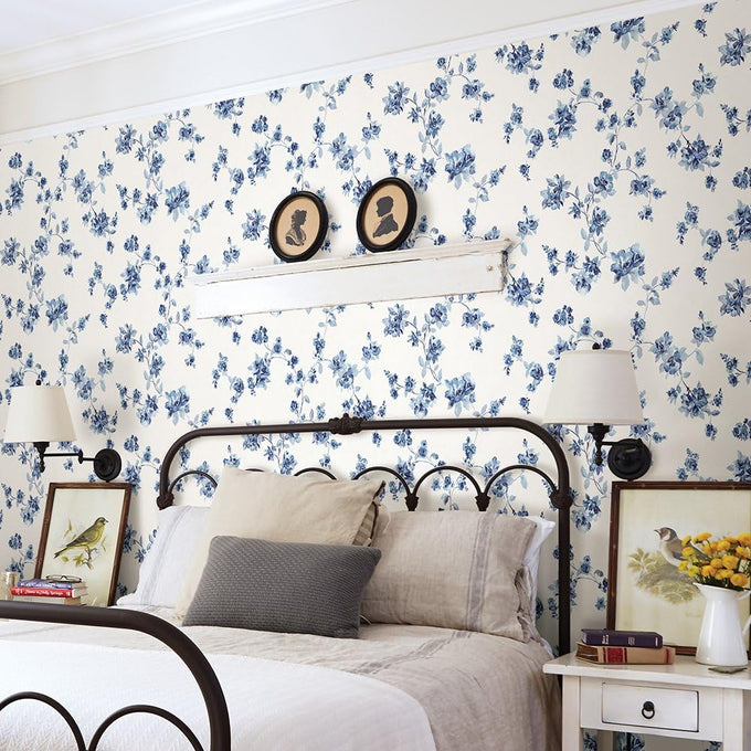 Chesapeake, Cyrus Festive Floral Wallpaper, Blue, Floral & Garden, Transitional, Non-Pasted Woven, 20.5-in x 33-ft