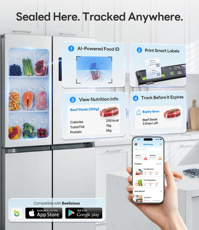 98kPa Smart Vacuum Sealer with FreshTrack Label Printing & Food Manager App