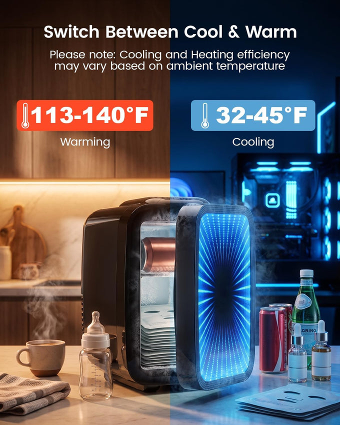 Mini Fridge, 4L/6 Can Compact Fridge with 6 Color Dimmable LED Mirror Light
