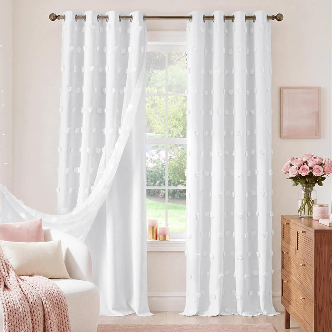 NICETOWN Lavender Purple Pom Pom Curtains, Room Darkening Double Layer Sheer Drapes for Girls Bedroom, Thermal Insulated Window Treatments, W52 x L84, 2 Panels