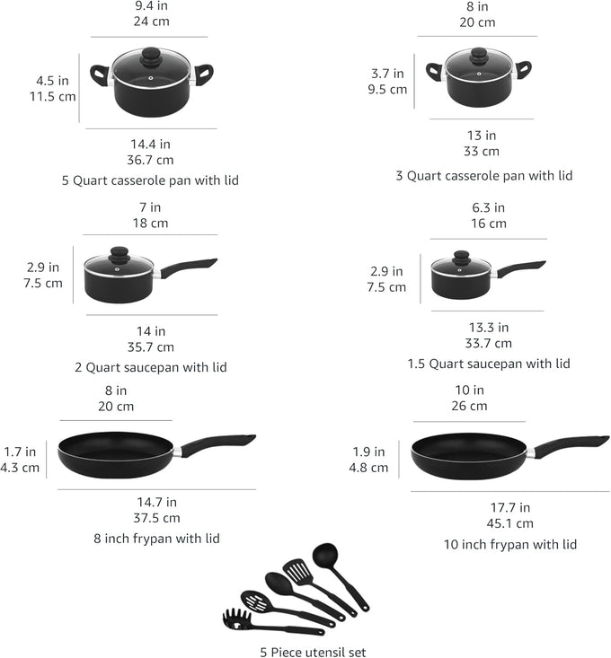 Amazon Basics Non-Stick Kitchen Cookware 15-Piece Set with Stay-Cool Handles, Even Heating, Non-Induction, Includes Pots, Pans, and Utensils, Black