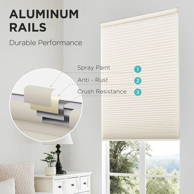 Joydeco No Drill Light Filtering Cellular Shades, 35" W x 64" H, Beige