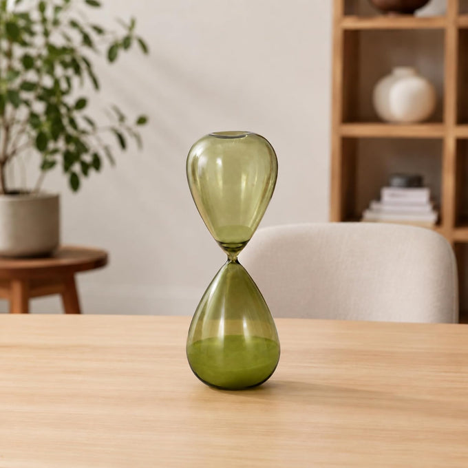 Bombara Teal Hourglass Decorative Object – Small Transparent Glass Sand Timer Modern Home Decor Accent – Shelf & Coffee Table Decor for Office & Living Room – 14", Blue & Green