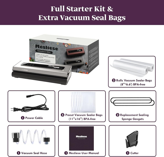 Mesliese 90kPa Vacuum Sealer, Dry/Moist Modes, 2 Bag Rolls & 5 Pre-cut Bags
