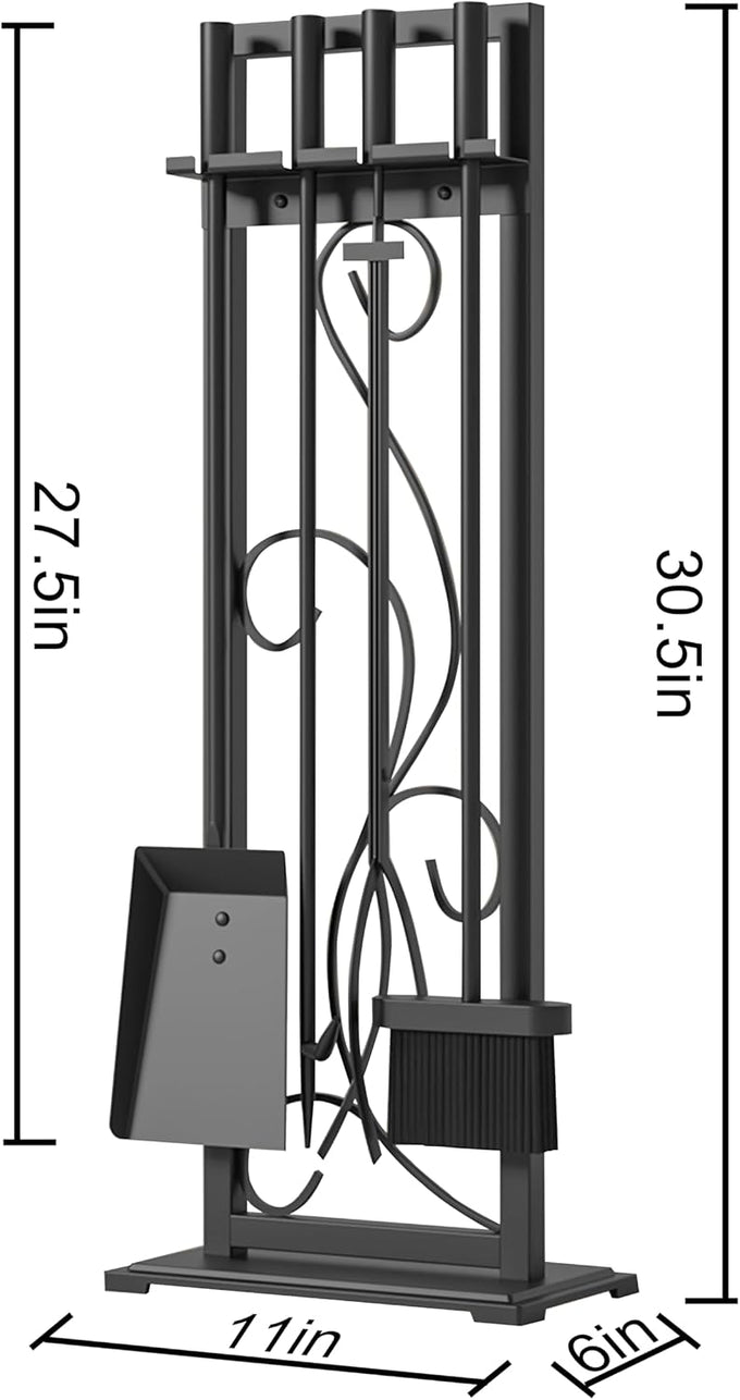 Kingson 5-Piece Heavy Duty Wrought Iron Fireplace Tool Set - Durable Indoor & Outdoor Fireplace Accessories with Decorative Black Finish - Stylish and Functional Hearth Décor for Fireplaces