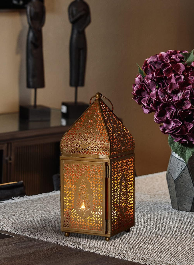 Serene Spaces Living Moroccan Lightweight Thin Gold Ornate Candle Lantern, Antique Gold Lantern, Decorative Candle Holders for Indian Wedding, Eid, Ramadan, Events, 4.5" Diameter & 12" Tall