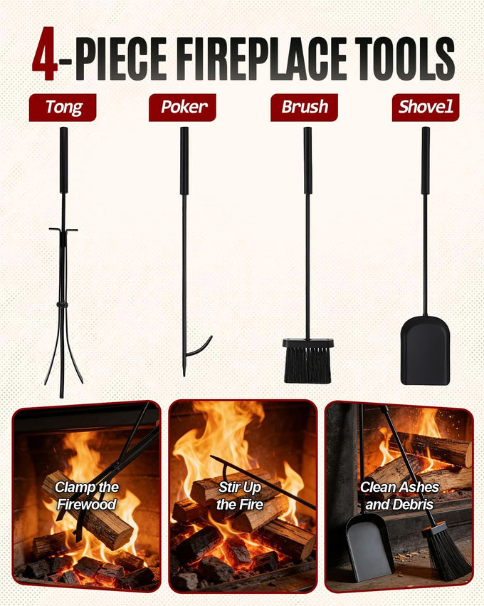 Breeze Touch 29" Heavy Duty Firewood Rack Indoor with 4 Fireplace Tools Set