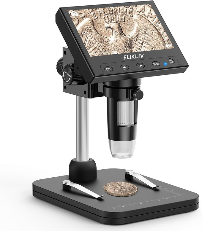 Elikliv Microscope, LCD Digital Coin Microscope 1000x, Coin Magnifier with 8 Adjustable LED Lights, PC View Compatible with Windows/MacBook, EDM4, 4.3-Inch