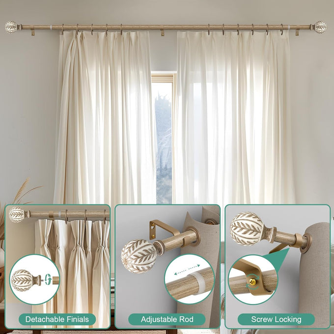 QDWIS 2 Pack Boho Wood Curtain Rods for Windows 48 to 84 inch,1" Adjustable Heavy Duty Window Curtain Rod with Imitation Wood Grain Finials,Rustic Decorative Drapery Rods Set 36-88'',Weathered Wood