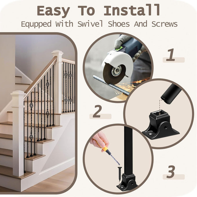 16 Pack Wrought Iron Balusters for Staircase Interior, 1/2" x 44" Hollow Deck Spindles Stair Railing Indoor with 32 Fixed Swivel Shoes, Metal Double Basket Decorative Stair - Matte Black