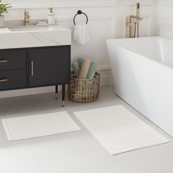 Arkwright 100% Cotton Bulk Bathroom Rugs - Case of 6 - High Absorbent Stylish Textured Woven Design Bath Mat, Slip Resistant Backing for Shower and Bathtub Floor, 17x24 in - White