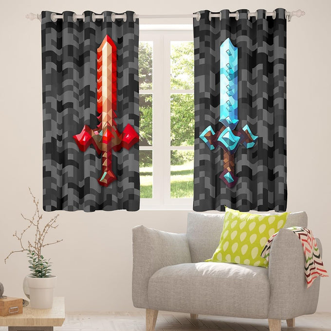 Castle Fairy Red Blue Sword Bedroom Decor Curtains,Sandbox Building Games Window Curtain,Kids Teens Pixelated Style Swords Window Treatment Grey Black Camo Blackout Drapes 2 Panels,52Wx90L