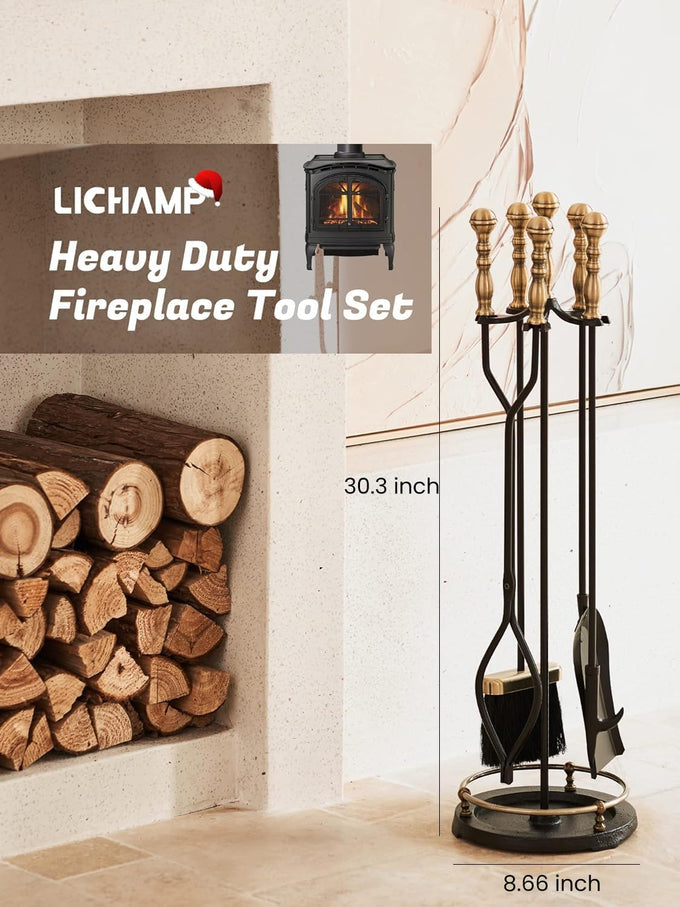 Lichamp Fireplace Tools Set, Retro Gold Handle