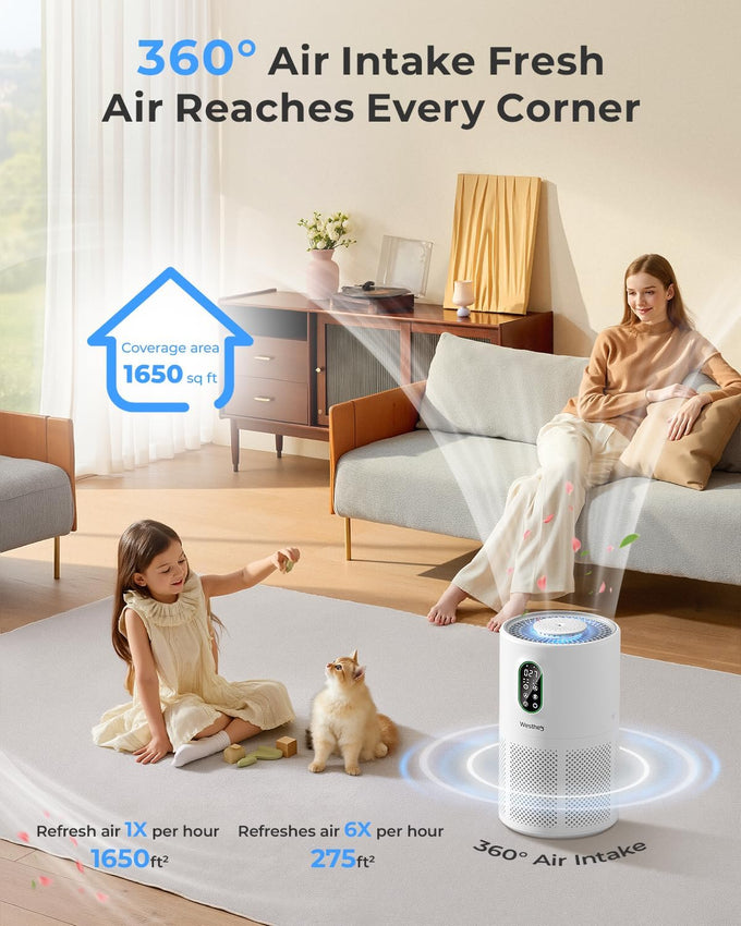 WESTHEY H13 HEPA Air Purifier for Home up to 1650 Sq Ft Washable Pre-Filter