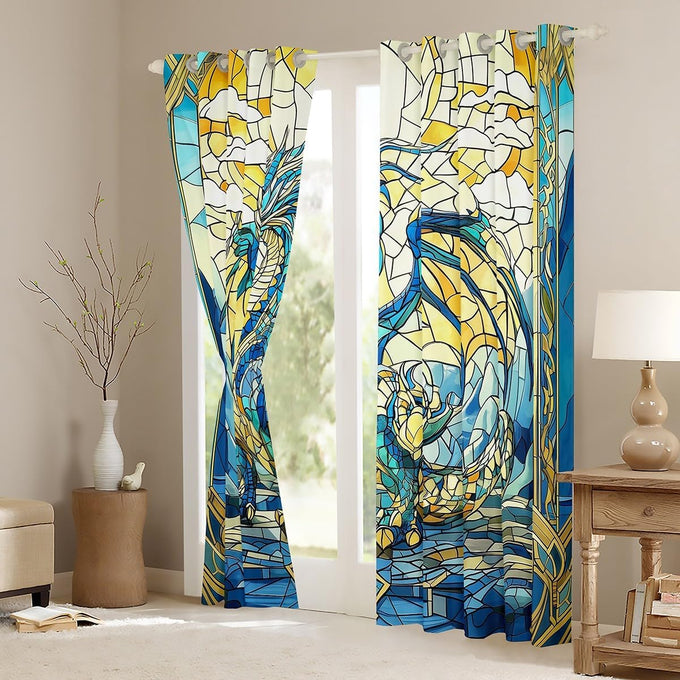 Western Dragon Kids Blackout Curtains,Glass Dragon Flying Wing Trippy Window Drapes for Boys Girls,Geometric Patchwork Abstract Blue Unique Window Treatments Grommet Top 2 Panel Set,52Wx96L inch