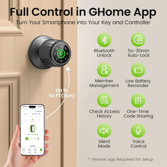 GHome Smart Fingerprint Door Lock, 4-in-1 Smart Lock with Removable Battery
