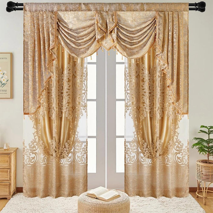 NAPEARL Luxury Jacquard Curtains and a Valance for Living Room, Dining Room Curtains & Drapes with Layer, Set of 2 Panels with Lining Satins (Gloden, W52 x L84)