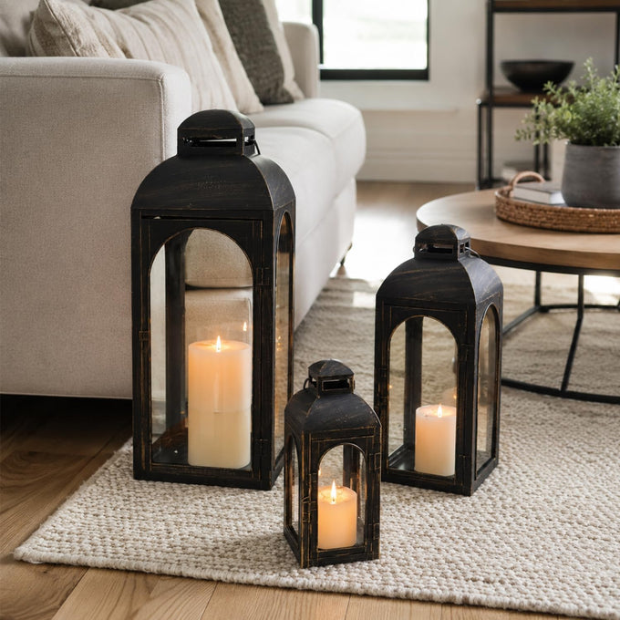 NEEDOMO Lanterns Decorative Indoor&Outdoor,Set of 3 Outdoor Lanterns for Porch, 26" Metal Frame Candle Holders with Glass, Fall, Christmas