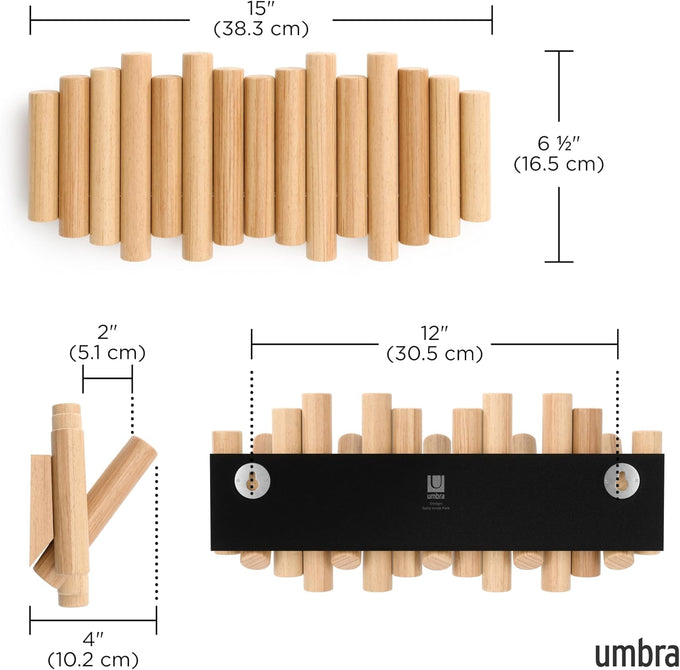 Umbra Picket Coat Rack, Wall Mount 5 Flip-Down Coat Hooks, Natural