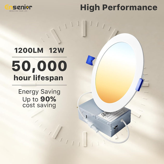 Ensenior 12 Pack 6 Inch LED Recessed Ceiling Light, 5CCT, 1200LM 12W 120V