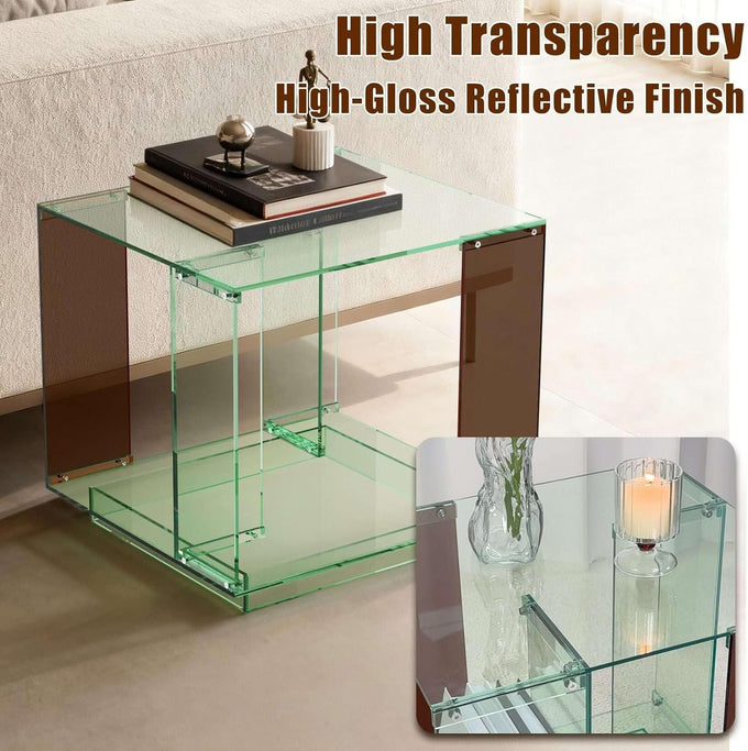 Acrylic End Table Square: 2-Tier Nightstand Desk Clear Green Brown