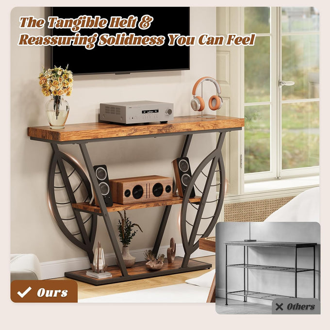 HavenlyYouth Leaf Design Console Table for Entryway, 3-Tier Storage, 30mm Thick Rustic Brown Industrial Metal Frame, Easy-to-Assemble Narrow Accent Table, Space-Saving for Hallway, Entrance, Foyer