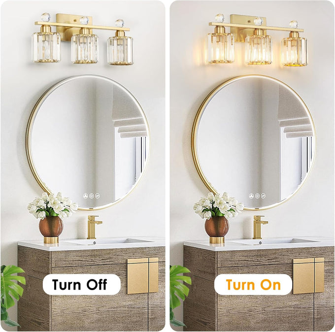3-Light Gold Bathroom Light Fixtures,Modern Bathroom Vanity Lights Fixture with Clear Crystal Glass Shade, Modern Crystal 3 Lights Wall Sconce for Mirror Bedroom Living Room