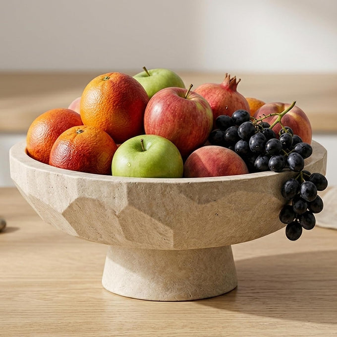 Natural Beige Travertine Pedestal Fruit Bowl, Heavyweight Geometric Diamond Faceted Stone Bowl, Modern Decorative Centerpiece Bowl for Kitchen Counter Island, Entryway Table & Dining Room