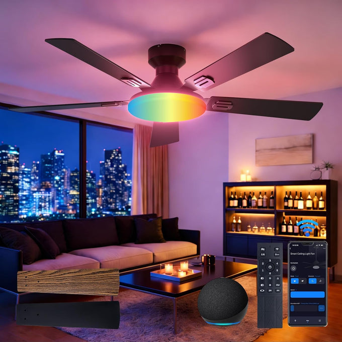 Amico 52 Inch Smart Ceiling Fans with Lights, Downrod Mount, Black