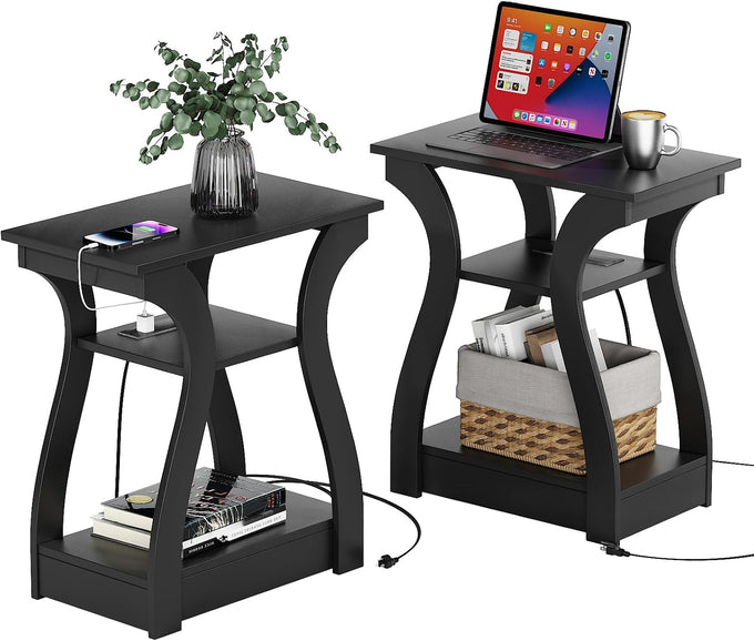 FROMJBEST End Tables Living Room Set of 2 with Charging Station, Black