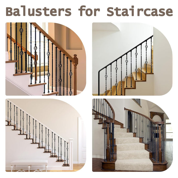 16 Pack Wrought Iron Balusters for Staircase Interior, 1/2" x 44" Hollow Deck Spindles Stair Railing Indoor with 32 Fixed Swivel Shoes, Metal Double Basket Decorative Stair - Matte Black