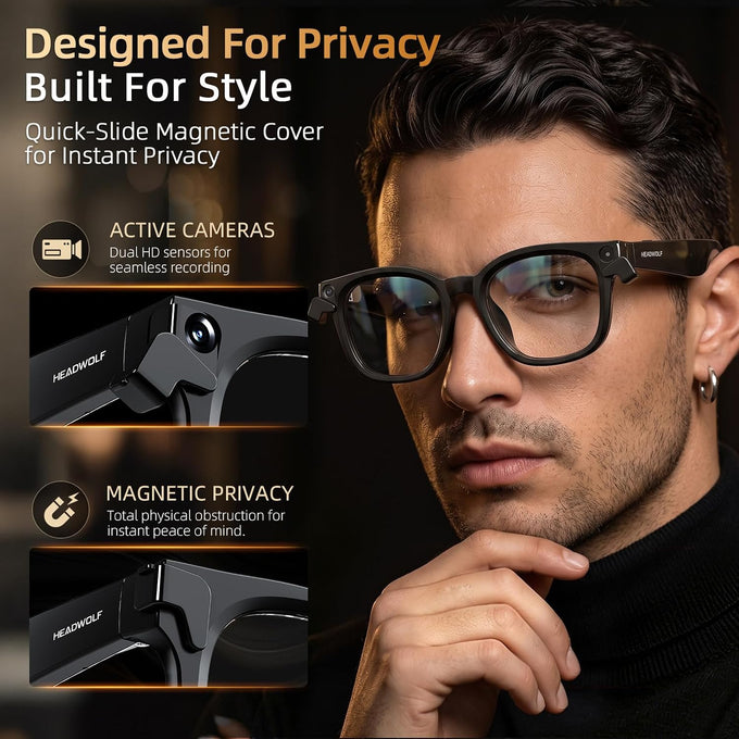 Headwolf AI Smart Glasses with 8MP Camera & Magnetic Privacy Cover