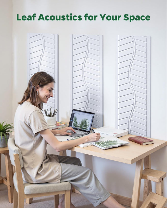 12 Pack Acoustic Wall Panels Sound Absorbing for Recording Studio, Self-Adhesive Leaf Textured Decorative White Art Ceiling Tiles - Acoustical Treatments for Home Gaming Room Door 17"×12"×0.4"