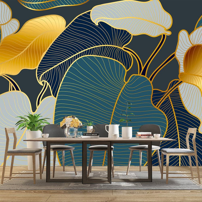 Golden Botanical Leaf wallpeper Living Room Bedroom wall Mural - 91"x65"（Not Peel and Stick）