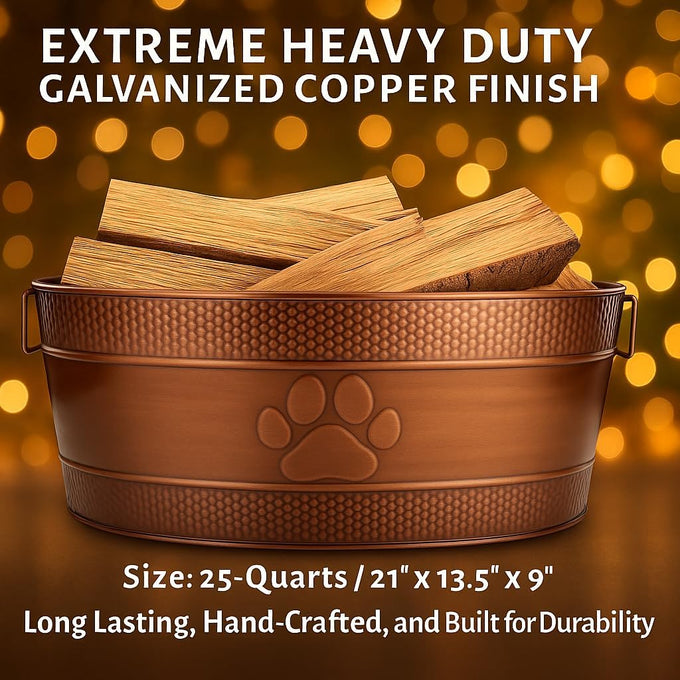 BREKX 25-Quart Tub for Firewood Storage Rack Log Holder - Heavy-Duty Portable Galvanized Tub with Handles for Indoor/Outdoor (Bronze Paw)