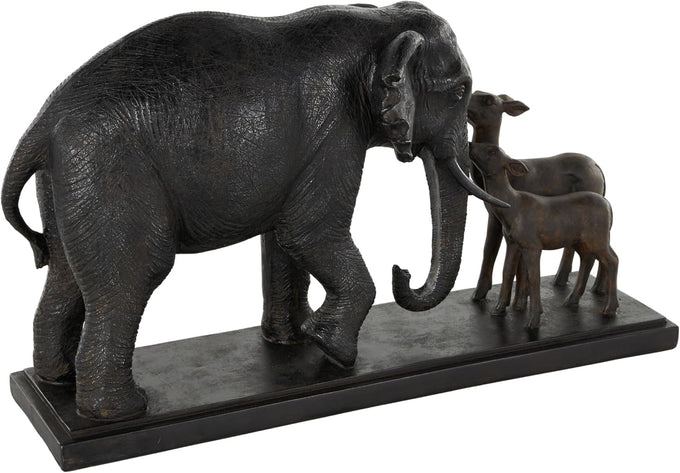 Deco 79 Resin Elephant Decorative Sculpture Walking Home Decor Statue with Dark Brown Deer, Accent Figurine 20" x 6" x 11", Black