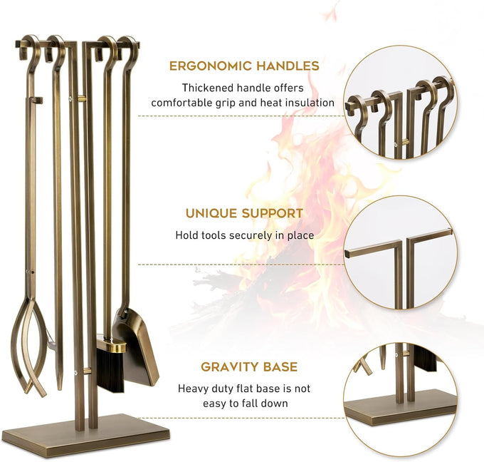 FEED GARDEN Wrought Iron Fireplace Tool Set with Stand, Antique Bronze