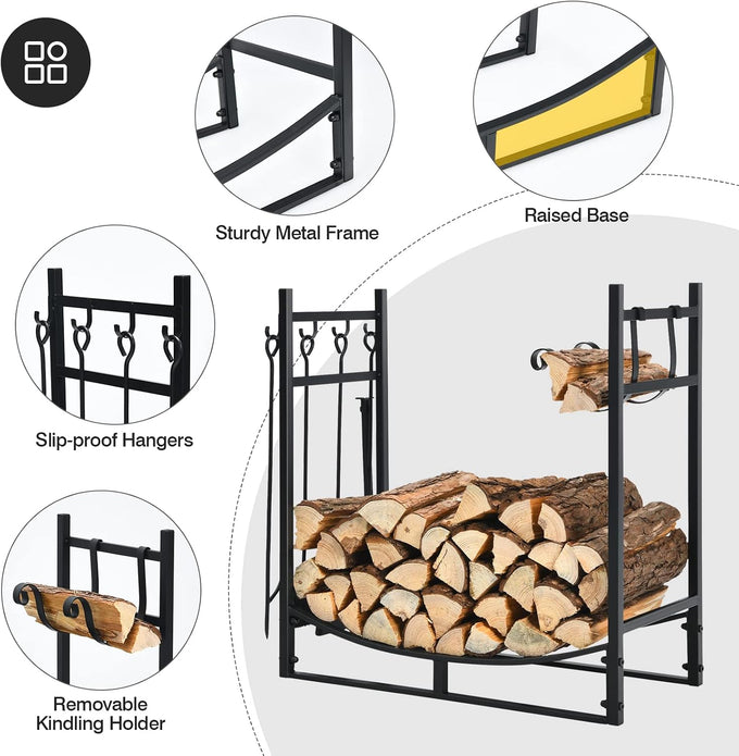 Tangkula 30 Inch Firewood Rack with 4 Tools Set, Fire Log Holder Storage Set with Brush, Shovel, Poker and Tongs, Fireplace Log Rack with Kindling Holders for Indoors and Outdoors