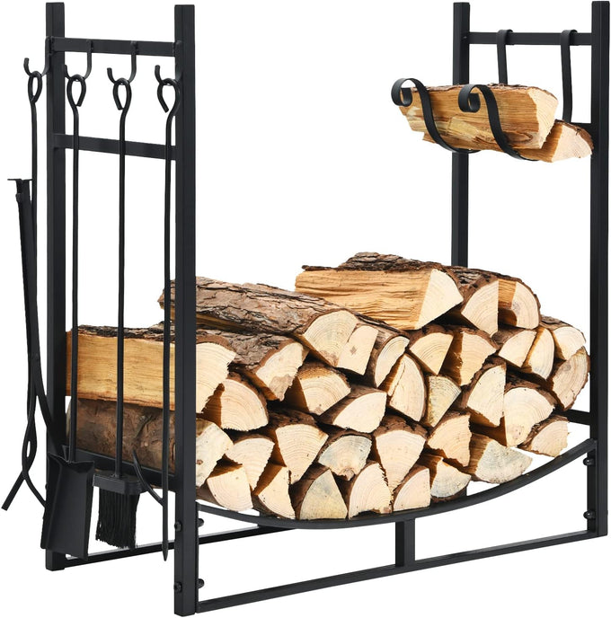 Tangkula 30 Inch Firewood Rack with 4 Tools Set, Fire Log Holder Storage Set with Brush, Shovel, Poker and Tongs, Fireplace Log Rack with Kindling Holders for Indoors and Outdoors