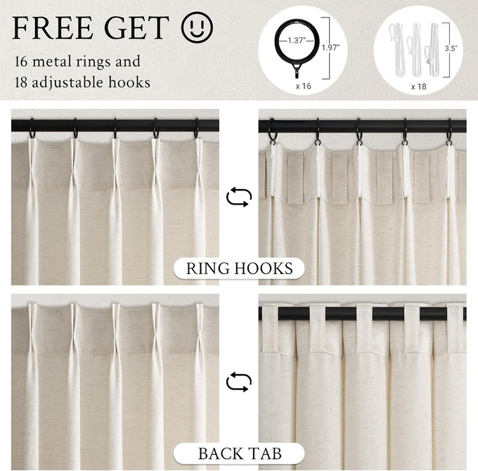 Topfinel 108 Inch Pinch Pleated Curtains 2 Panels,Birch Semi Sheer Curtains with Pleated Hooks Back Tab for Track System,Extra Long 9ft Curtain for Living Room Bedroom,40x108,Natural
