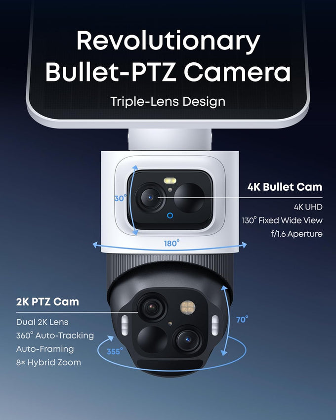 eufy Security eufyCam S4, 4K Solar Camera, 3-Lens PTZ, 360° Coverage