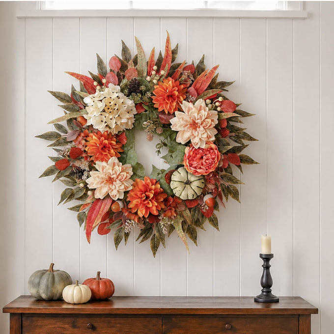 24"Artificial Silk Hydrangea Flower Dahlia Fall Wreath for Front Door Decor