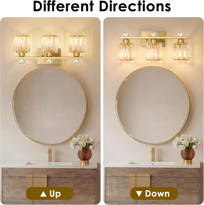 3-Light Gold Bathroom Light Fixtures,Modern Bathroom Vanity Lights Fixture with Clear Crystal Glass Shade, Modern Crystal 3 Lights Wall Sconce for Mirror Bedroom Living Room