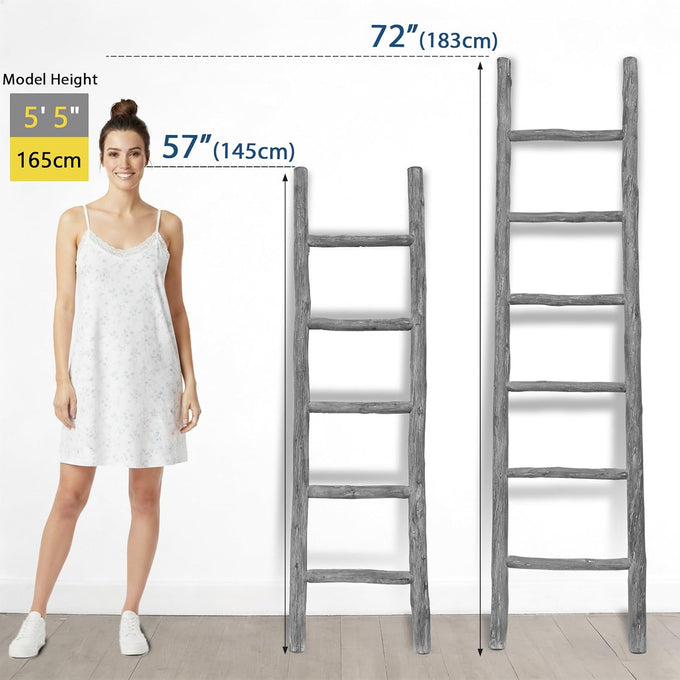 FUIN Blanket Ladder, 57in Wood Rustic Decorative Ladder, Light Gray