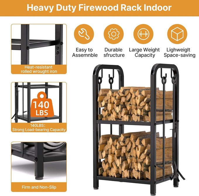 Vailge Firewood Rack Indoor with 4 Pieces Long&Detachable Fireplace Tools, Heavy Duty Steel 2-Tier Firewood Holder Storage, Log Rack for for Fireplace, Fire Pit, Wood Stove Black