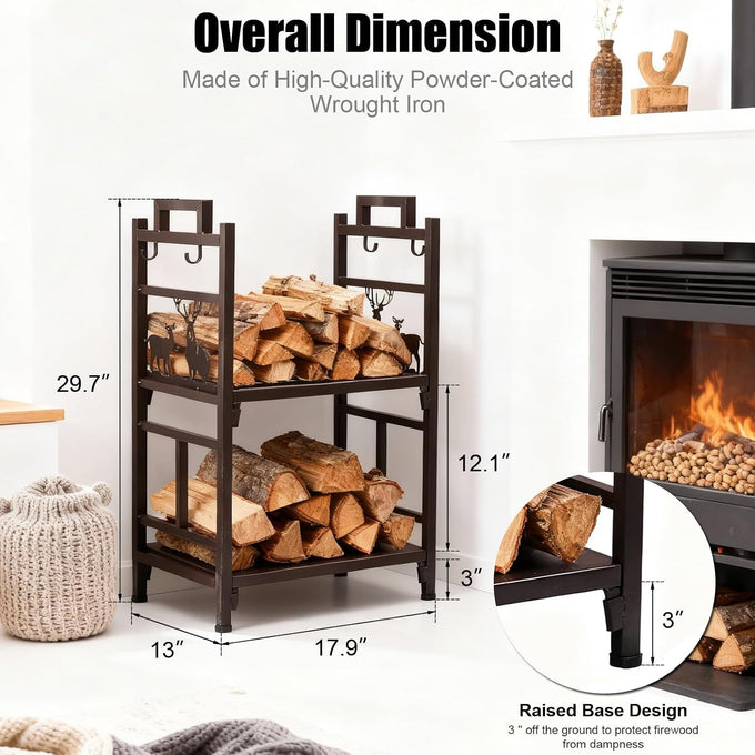 Outvita 2 Tier Firewood Log Rack, Iron Lumber Storage Holder, Wood Pile Stacker Organizer for Indoor Outdoor Fireplace Fire Stove Pit With 4 Fire Tools Hanging Hooks Christmas Elements Brown