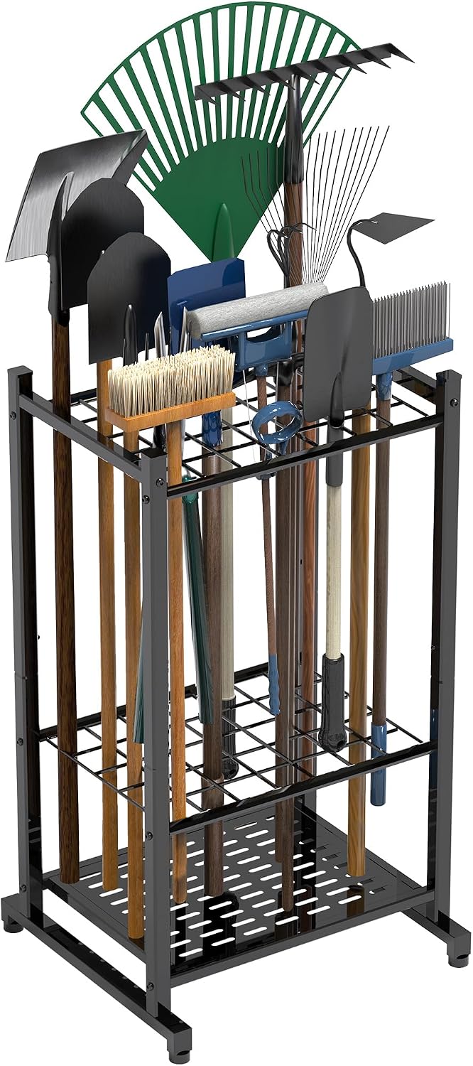 Garden Tool Organizer, Garage Tool Organizer & Garage Organization, Heavy Duty Steel Tool Storage Rack Holds 35 Rakes, Brooms Tools, Broom Holder and Mop Holder, Shed Organizer for Home Organization